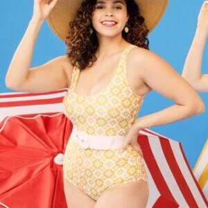 NWOT Mod Cloth The Haley Women's 2X Floral Batik One-Piece Belted Swimsuit Chic